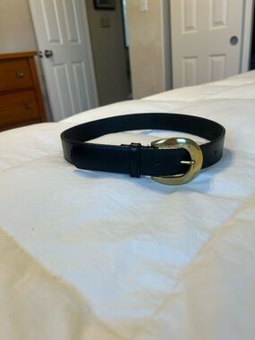 Black Leather Belt with Gold Oval Buckle, Size Medium